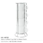 Ceramic Coffee Cups Set 4Pcs in Silver Metal Rack - Image 2