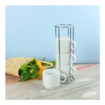 Ceramic Coffee Cups Set 4Pcs in Silver Metal Rack - Image 3
