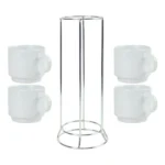 Ceramic Coffee Cups Set 4Pcs in Silver Metal Rack - Image 4