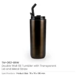 Double Wall SS Tumblers with Transparent Lid & Metal Straw – 500ml - Image 3