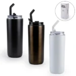 Double Wall SS Tumblers with Transparent Lid & Metal Straw – 500ml