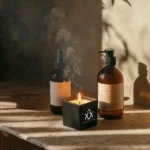 Scented Candle in Square Glass Bottle, Bamboo Lid, Oakmoss & Amber Scent - Image 2