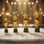 Metal Close Cup Trophies with Two-Sided Handle & Attached Ribbons - Image 3