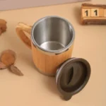 Bamboo & Stainless Steel Coffee Travel Mug with Handle and Lid - Image 4